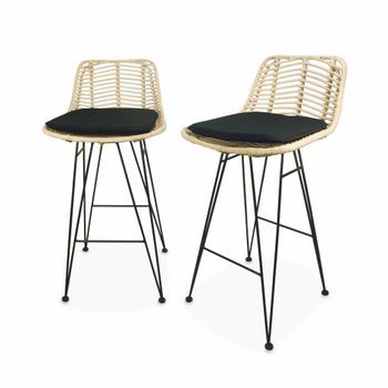 Taburete De Bar De Metal Y Ratán, Set De 2, Negro
