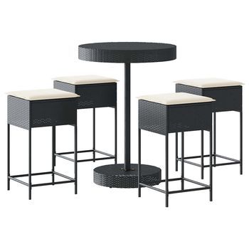 Mesa Y Taburetes Altos Jardín 5 Piezas Y Cojines Ratán Pe Negro