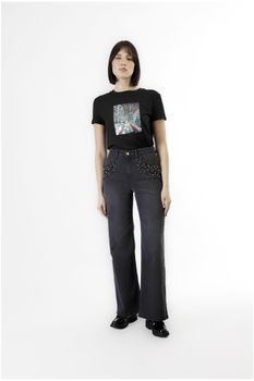 jeans anchos en denim con perlas en los bolsillos anthracite