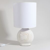 lampara de gres con pajaro grabado y pantalla de lino