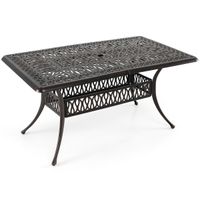 costway mesa de centro exterior de aluminio fundido con agujero para sombrilla 5cm almohadillas ajustables rectangular vintage 151x91x73cm