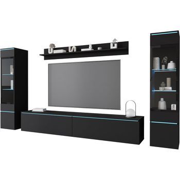 Conjunto De Muebles De Salón Vera Ii, Juego De Muebles De Salón, Mueble De Televisión, Con Iluminación Led, Color Negro Mate
