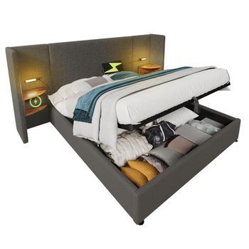 Cama Matrimonial 160x200 Con Arcón, Mesita, Led Táctil Y Puertos Usb-c