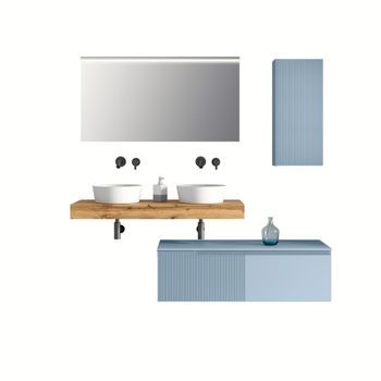 Composición Baño De Lavabo Doble De 7 Piezas Venere Roble / Azul Tiffany En Mdf