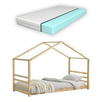 casita-cama infantil con colchon y somier de laminas de madera de pino natural 90 x 200 cm 030005496