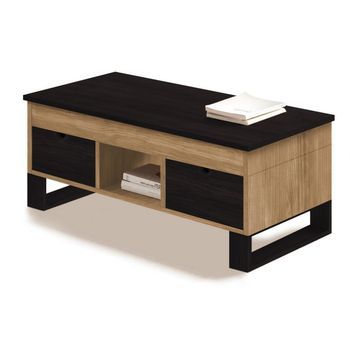 Sena - Mesa Centro Elevable Madera Maciza Natural, Combinado Color Encerado Y Negro. Medidas: 100 Cm X 50 Cm X 47 Cm.