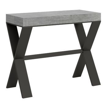 Consola Extensible Con Patas En X Xenia 90x40/196 O 90x40/300 Cm-color Gris Cemento-3 Alargaderas Gruesas