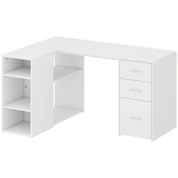 HOMCOM Escritorio Esquinero en L con 3 Cajones 5 Compartimentos Abiertos y Estantes Regulables 140x100x75 cm Blanco   Aosom España