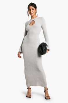 Vestido Maxi De Tejido Bouclé Con Detalle En El Cuello, Gris