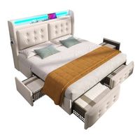 cama tapizada de 180 x 200 cm - cama doble con cabecero led - puerto usb-c y 4 cajones de almacenaje - beige