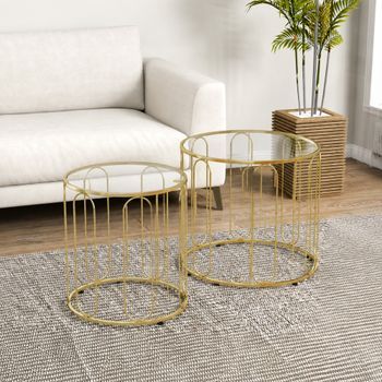 Mesas Nidos De Metal Vidrio Homcom Ø50x50 Cm Ø40x40 Cm Dorado