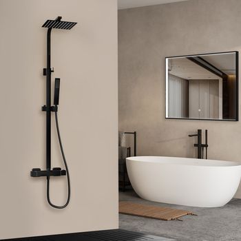 Columna De Ducha Con Grifo Termostática Negro, Ducha De Lluvia Negro, Acero Inoxidable, Con Ducha De Techo Y Ducha De Mano - Lomazoo Kyoto