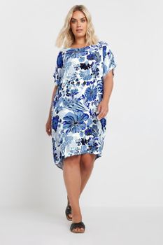 Yours Vestido Fresco Corto De Flores Azules, Mujer Curvy Y Tallas Grandes, Yours