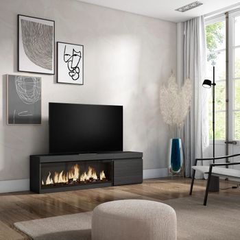 Mueble tv efecto madera negro 158x35x45cm chimenea efecto fuego