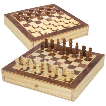 Juego 2 en 1 Ajedrez y Damas de Madera con Cajón, 30x30x5,5 Cm, Marrón y Blanco