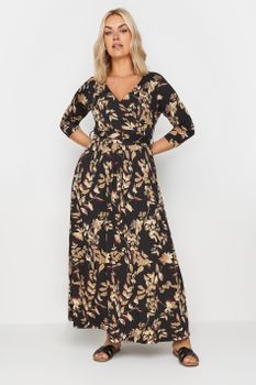 Yours Vestido Cruzado Negro De Hojas Ocre, Mujer Curvy Y Tallas Grandes, Yours