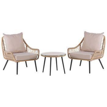 Conjunto De Balcón Mesa De Centro Ratán Sintético Patas De Metal 2 Sillas Cojines Beige Boho Laureto