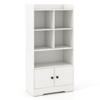 Costway Estantería con Puertas Estante con 5 Compartimentos y 2 Gabinetes Armario de Exhibición Independiente para Sala de Estar Dormitorio Blanco