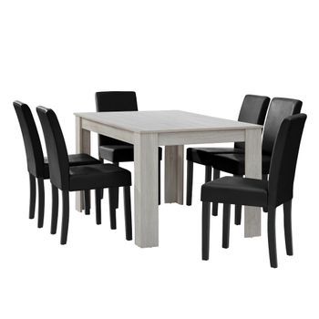 Mesa De Comedor + 6 Sillas Forssa Mdf Y Polipiel 140x90x77cm - Roble Blanco + Negro [en.casa]