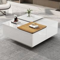 mesa de centro blanca de alto brillo 75 x 75 cm cuatro cajones y tableros deslizantes