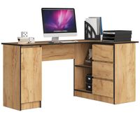 escritorio esquinero akord b20 roble craft 155 cm con lado derecho 1 puerta 3 cajones frente en color roble craft 4 estantes 155x85x77 cm