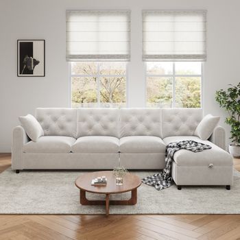Sofá Esquinero De 4 Plazas Con Reposabrazos, Compartimento De Almacenaje Y Bolsillos - 281 X 86 X 71 Cm - Terciopelo - Beige