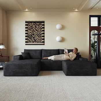 Sofá Modular En L De 270 Cm, Negro, 4 Plazas Y Chaise Longue