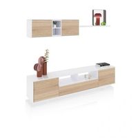 salon con mueble de tv y estanteria 200 cm kenzo blanco brillo - roble canadian 200 x 46 x 41 cm