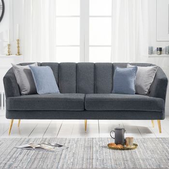 Lulu 3 Seater Sofa in Grey Linen with Gold Legs