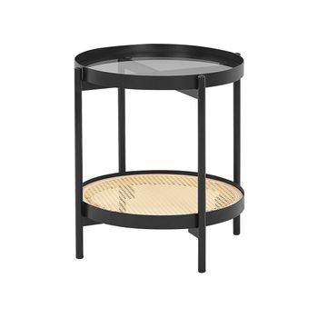 Mesa Auxiliar Moderna Tablero De Vidrio Estructura Redonda De Metal 1 Estante Trenza Vienesa Madera Clara Reno