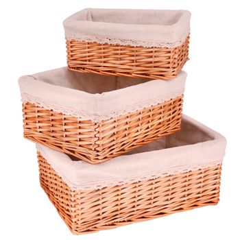 Juego de 3 cestas de almacenaje de mimbre - tela beige