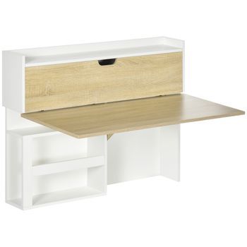 Escritorio De Pared Plegable De Aglomerado Con Estantes, 100 X 18 X 74 Cm – Blanco Y Roble Claro