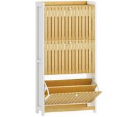 homcom zapatero estrecho con 3 puertas de bambu con listones zapatero entrada recibidor con estantes ajustables para 18 pares de zapatos 60x24x118 cm blanco y natural