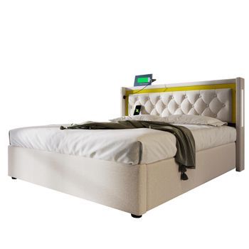 Cama Tapizada Con Iluminación Led - Cama Doble 140x200cm - Con Función De Carga Usb Tipo C - Beige
