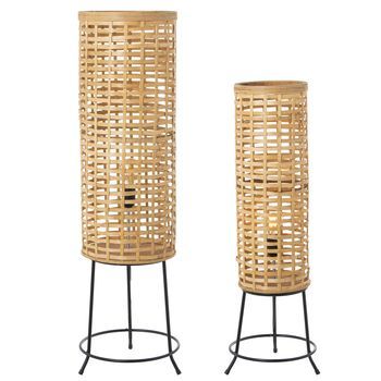 Set 2 Lamparas Suelo Bambu  Con Pie Metal 1xe27,max.60w