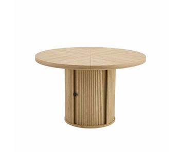 Mesa de comedor redonda 115x115x74 cm - con almacenamiento, pie central con armario, estilo escandinavo moderno - madera