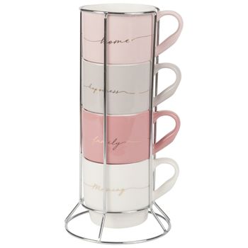 Set de 4 tazas de colores diferentes con soporte de metal