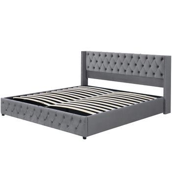 Cama Canapé De Terciopelo Gris 180 X 200 Cm Con Capitoné Y Doble Fila De Tachuelas