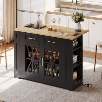 Isla De Cocina Con Mesa Abatible, 120 Cm, Enchufes Y Almacenamiento