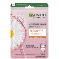 garnier moisture bomb camomile hydrating face sheet mask for dry and sensitive skin 28g