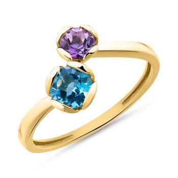 14 quilates anillo de oro con topacio azul y amatista