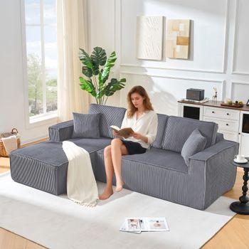 Canapé De Esquina Modular De Terciopelo Acanalado Gris, 2 Plazas Con Chaise Longue, Acolchado De Espuma De Alta Densidad, Cómodo Para Salón Y Apartamento