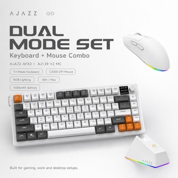 AJAZZ Juego de teclado y ratón inalámbricos de membrana de 82 teclas y 3 modos, retroiluminación RGB con pantalla inteligente y perilla de ajuste, batería de 4000 mAh, combo para oficina y juegos para