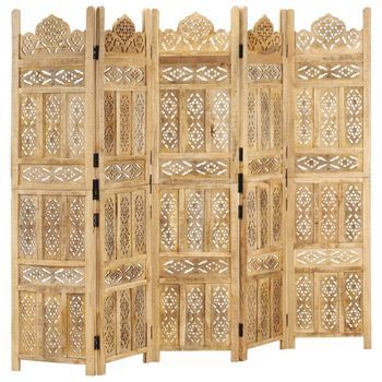 Biombo 5 Paneles Tallado A Mano Madera Maciza Mango 200x165 Cm Vidaxl