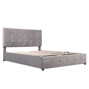 Cama Con Almacenaje Tapizada 140x200cm Tela De Terciopelo Cabecero Ajustable Con Diseño De Bloques Gris