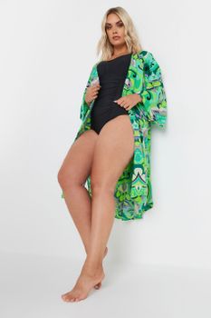Yours Kimono Playero Verde Estampado Retro, Mujer Curvy Y Tallas Grandes, Yours