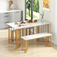 juego muebles comedor 4 piezas mesa rectangular con banco y 2 taburetes patas de metal grano de marmol para espacios pequenos blanco