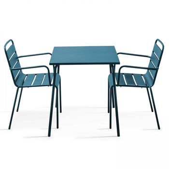 Mesa De Jardín Cuadrada Y 2 Sillones Apilables De Acero Azul Pacífico