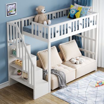 Cama Litera Para Niños Con Escalera, De Madera Maciza, Barrera De Seguridad, Decoración De Estrellas Y Luna, 90x200, Blanca