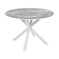 mesa de jardin moderna aluminio r 120 cm patas de aluminio tablero de vidrio ceramico blanco efecto marmol maletto